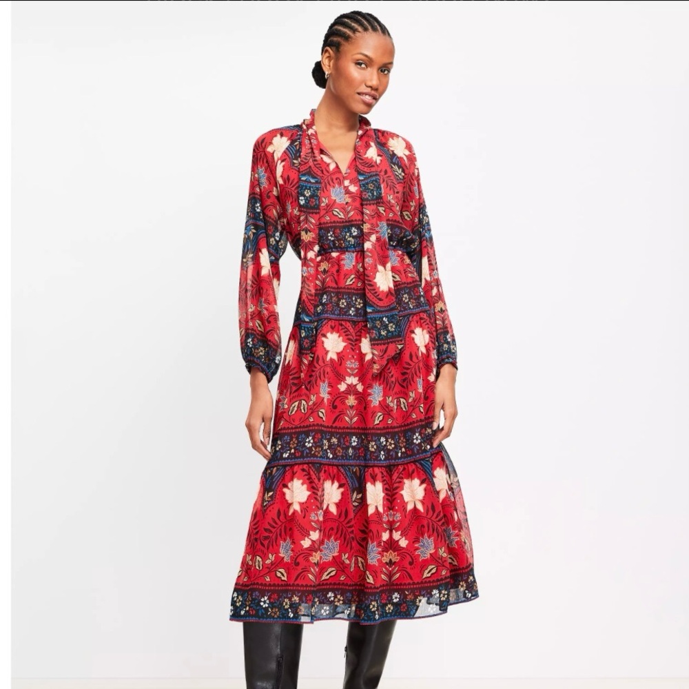 LOFT floral tiered bow-tied midi Long Sleeve Dress, XS